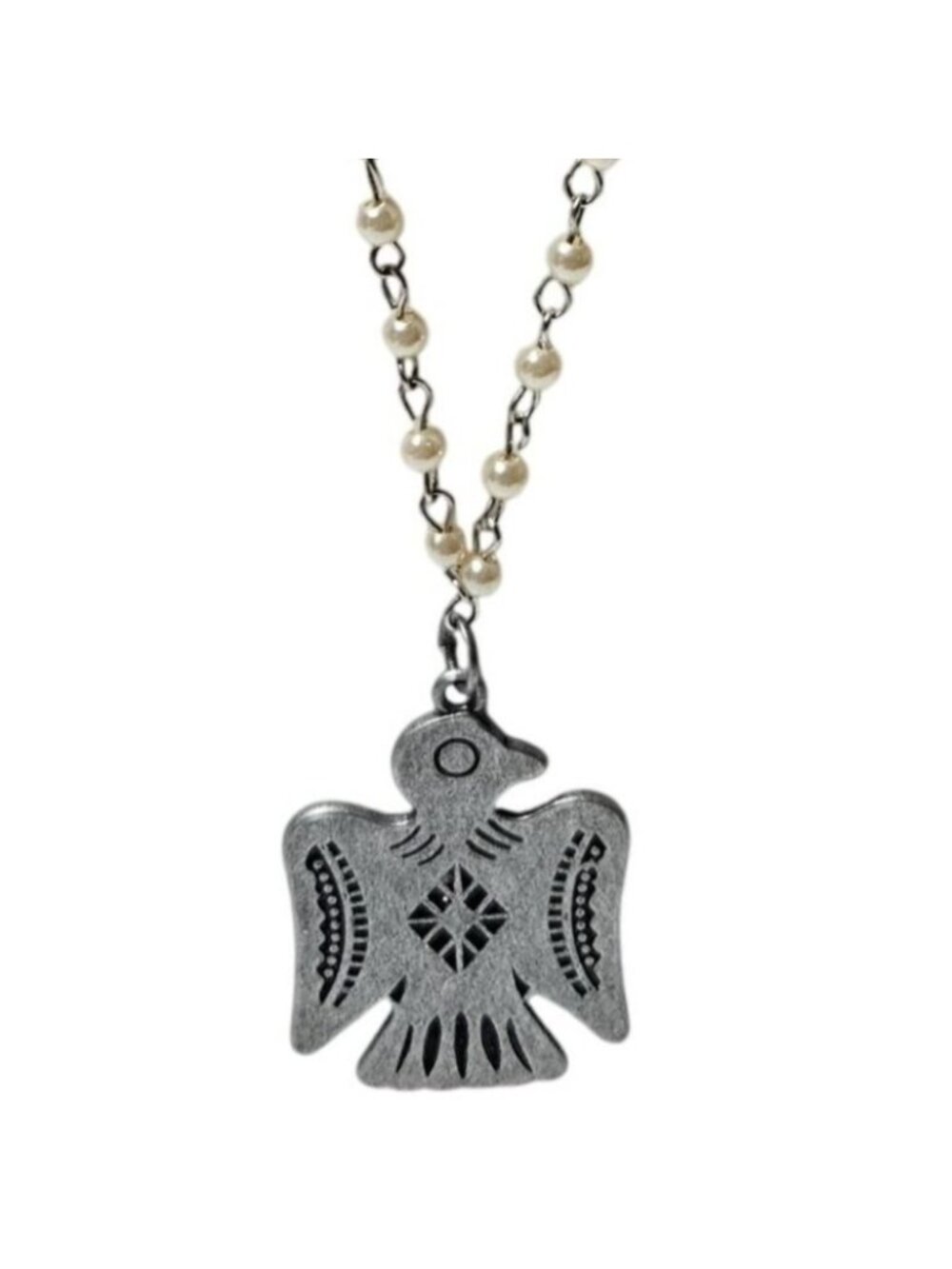 Vintage Silver Thunderbird Pendant Necklace Faux Pearl Beaded Chain Jewelry